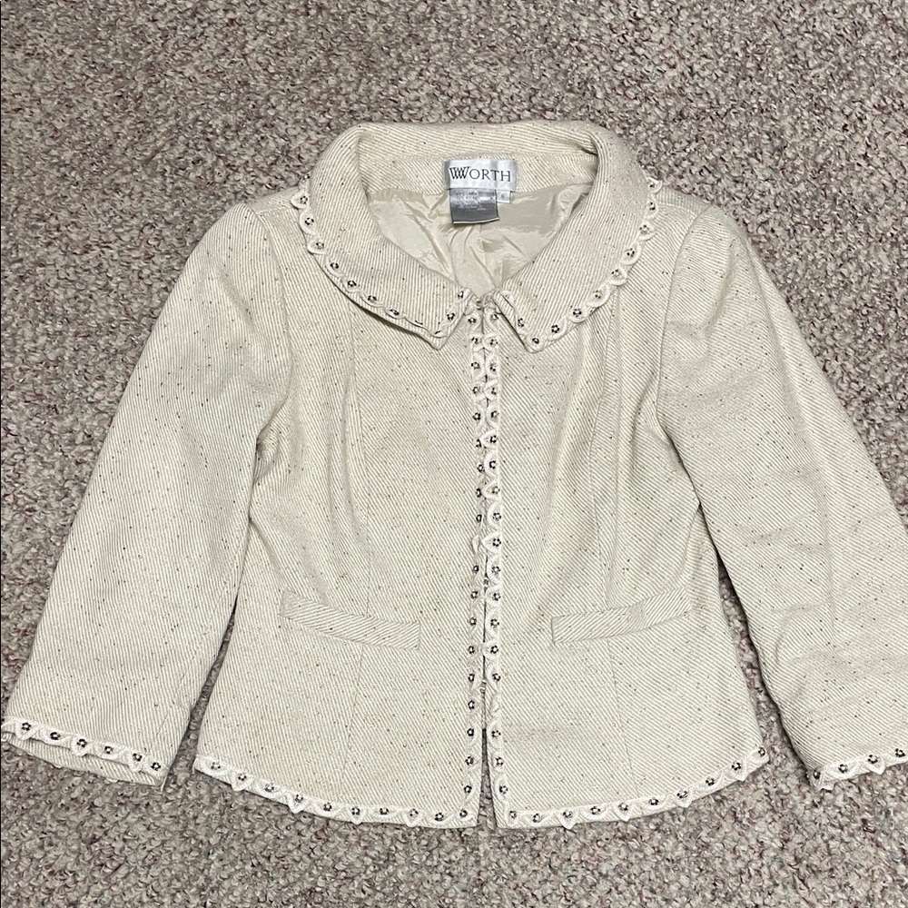 Ivory Tweed with gold fleck floral beaded lace trimmed Peter Pan Collar blazer